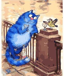 Blue Cat Drinking With Bird Paint By Numbers