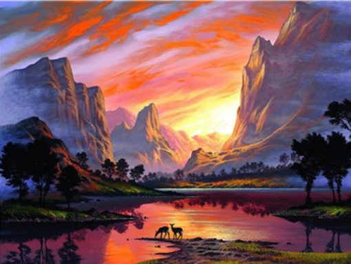 Mountains and Red Sunset Paint By Number