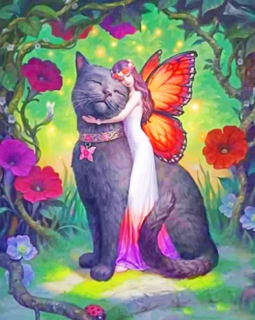 Fairy Butterfly Hugging A Black Cat Paint by numbers