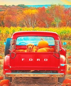 Dog And Pumpkins In A Red Truck Paint by numbers