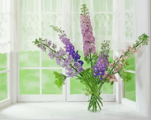 Purple Flowers By Window paint by number