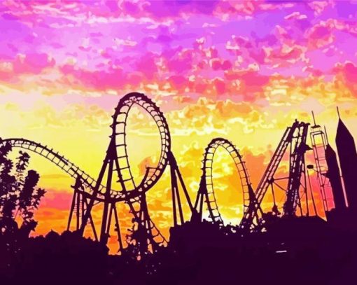 Roller Coasters With Beautiful Sunset paint by number