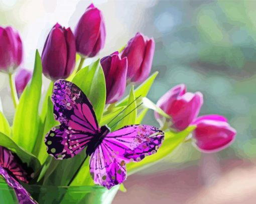 Purple Butterfly With Tulips paint by number