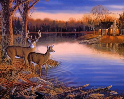 Tree And Deer Lake paint by number