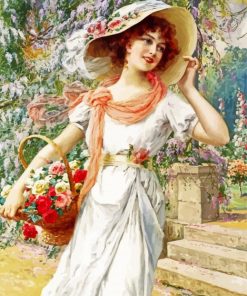 Vintage Girl With Flowers Basket paint by number