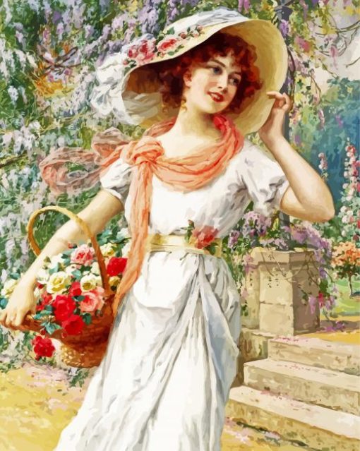 Vintage Girl With Flowers Basket paint by number