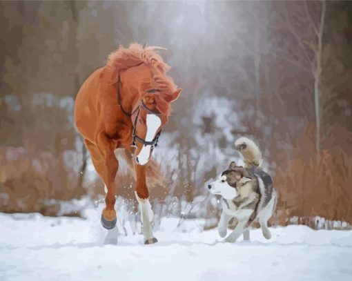 Horse And Husky In Snow paint by number