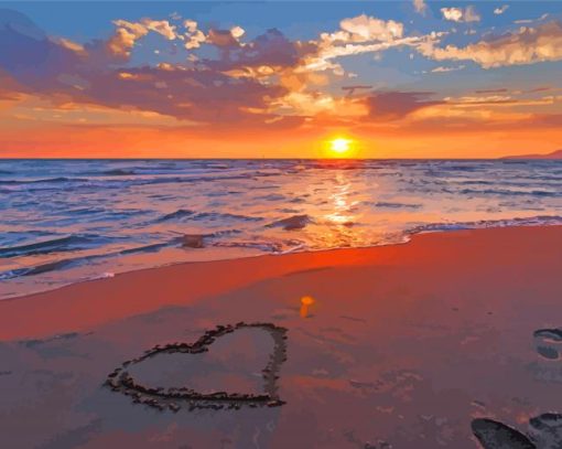 Beach With Hearts In Sand At Sunset paint by number