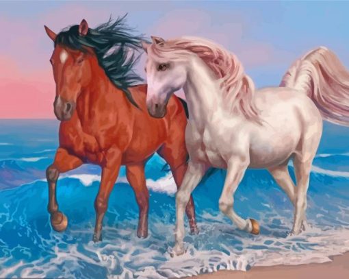 Horse Couple By Beach Art paint by number