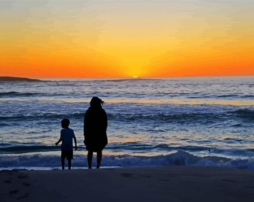 Mother And Son On Beach Silhouette paint by number