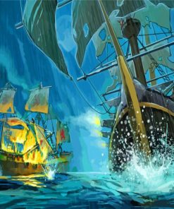 Pirate Ships In Battle Under Rain paint by number