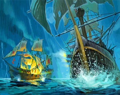 Pirate Ships In Battle Under Rain paint by number