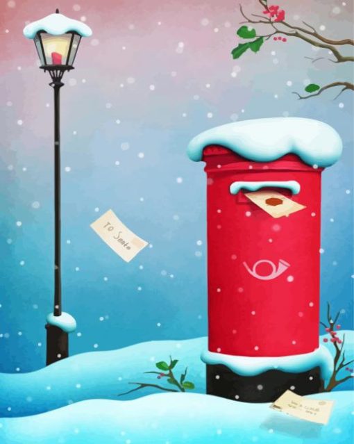 Snowy Red Post Box paint by number