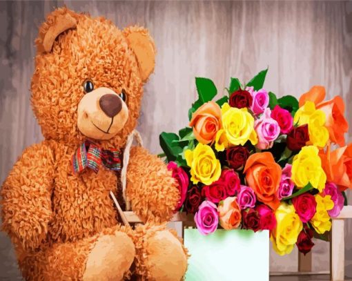 Teddy Bear With Flowers paint by number