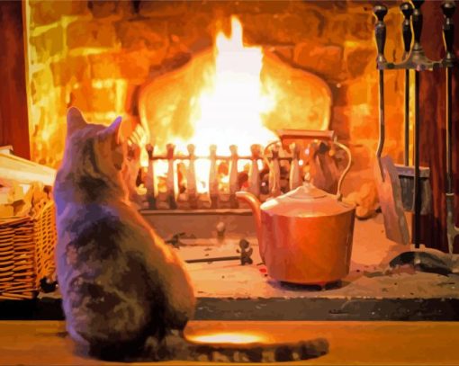 A Cat In Front Of Hearth paint by number