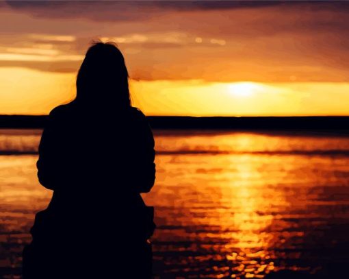 Silhouette Girl Looking Out To Sea At Sunset paint by number