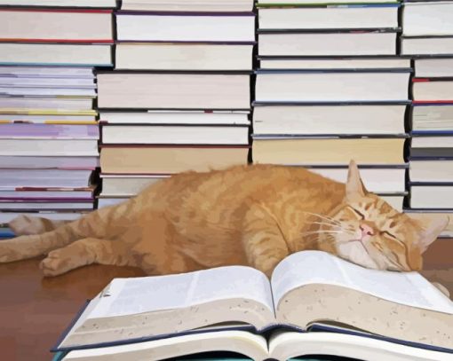 Sleepy Cat And Books paint by number