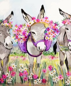 Trio Donkeys With Flowers paint by number