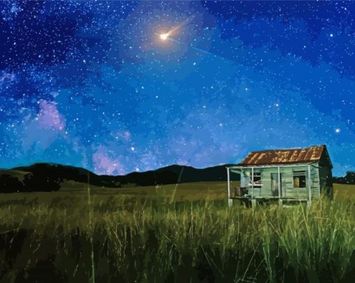 Aesthetic Cabin Under Starry Night Sky paint by number