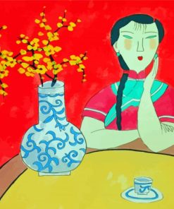 Asian Woman With Flower In Vase paint by number