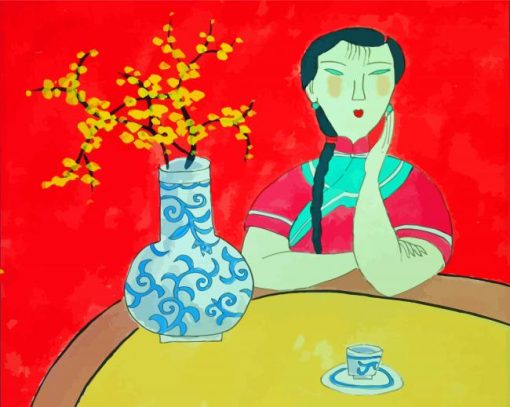 Asian Woman With Flower In Vase paint by number