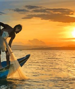 Man On Boat Fishing At Sunset paint by number