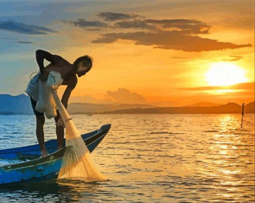 Man On Boat Fishing At Sunset paint by number