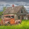 Rusty Old Truck Cars In Farmyard paint by number