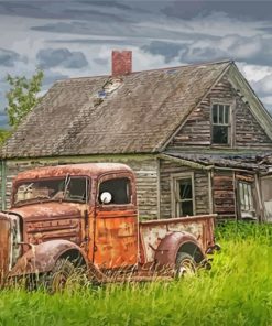 Rusty Old Truck Cars In Farmyard paint by number