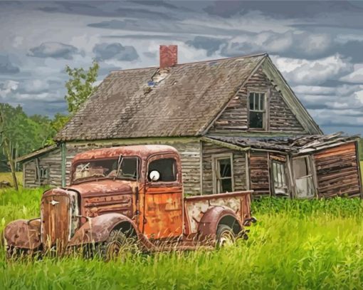 Rusty Old Truck Cars In Farmyard paint by number