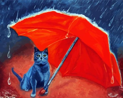 Cat Umbrella In Rain paint by number