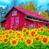 Old Red Barn And Sunflowers paint by number