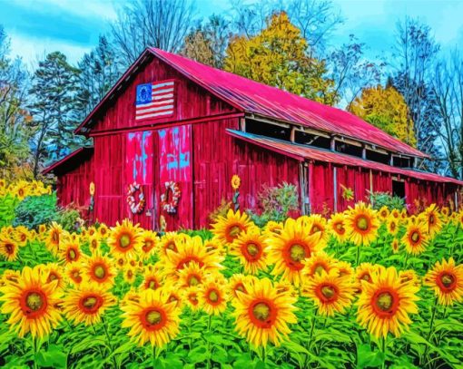 Old Red Barn And Sunflowers paint by number