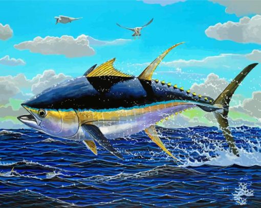 Yellowfin Tuna Jumping Out Of The Ocean paint by number