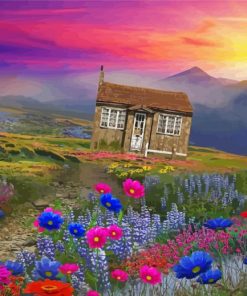 Cottage With Flowers And Mountains paint by number