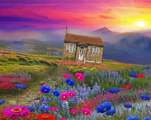 Cottage With Flowers And Mountains paint by number