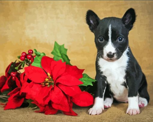 Cute Puppy With Red Poinsettia paint by number