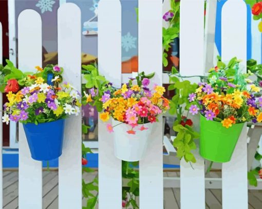 Hanging Flowers And Fence paint by number