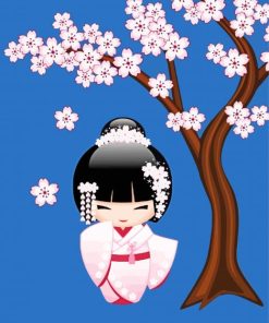 Japanese Doll And Cherry Blossoms paint by number