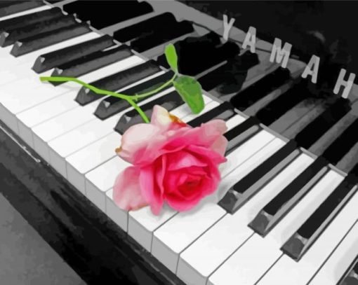 Piano With Pink Rose Flower paint by number