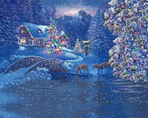 Snowy Christmas Landscape paint by number