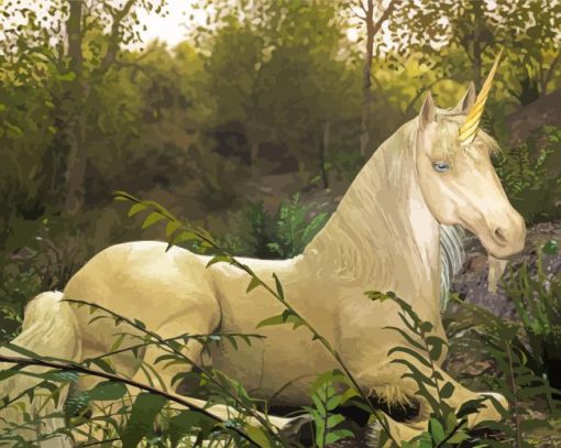 White Unicorn In The Forest paint by number