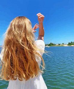 Blonde Long Hair Lady In White Dress By The Sea Paint By Numbers