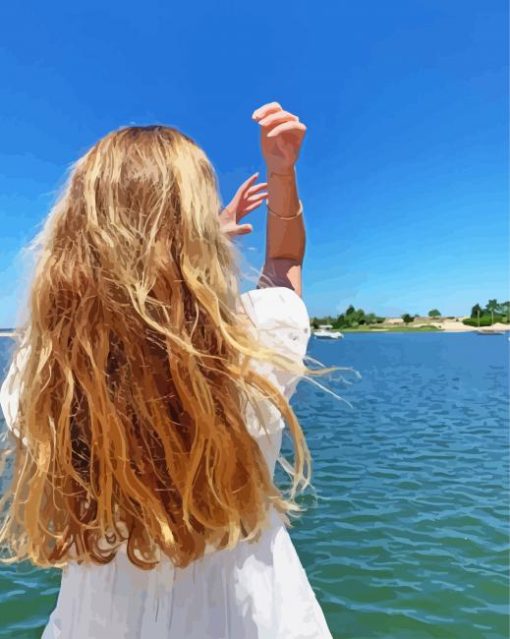 Blonde Long Hair Lady In White Dress By The Sea Paint By Numbers