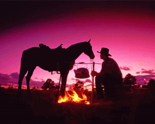 Cowboy Scene Sunset Silhouette Paint By Numbers