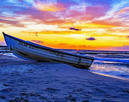 Beach With Row Boat At Sunset Paint By Numbers