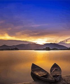 Two Boats With Mountains At Sunset Paint By Numbers