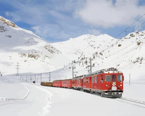 Mountain Train In Snow Paint By Numbers